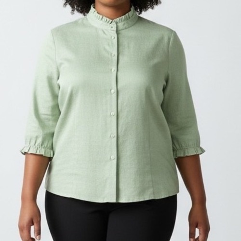 Harve Benard Linen Blend Ruffle Collar Blouse‎ Sage Green 3/4 Sleeve Size 14 NWT